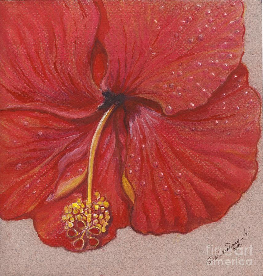 The Red Hibiscus in Dew Time Painting by Carol Wisniewski