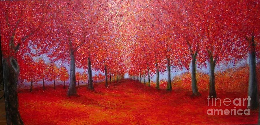 The red maples alley Painting by Marie-Line Vasseur