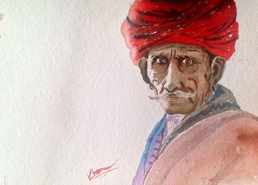 Portrait Painting - The Red Turban by Kiran Mahajan