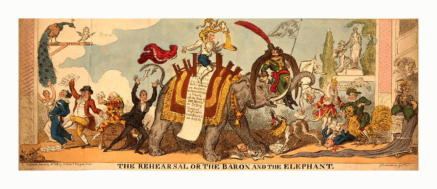 Vintage Drawing - The Rehearsal Or The Baron And The Elephant, Cruikshank by Litz Collection