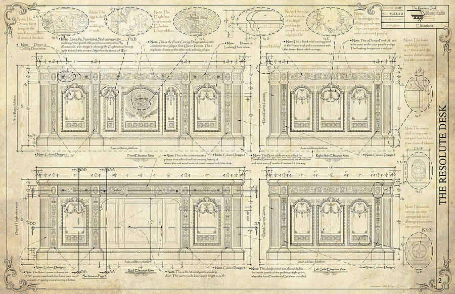 Furniture Drawing - The Resolute Desk Blueprints / Ivory Scroll by Kenneth Perez