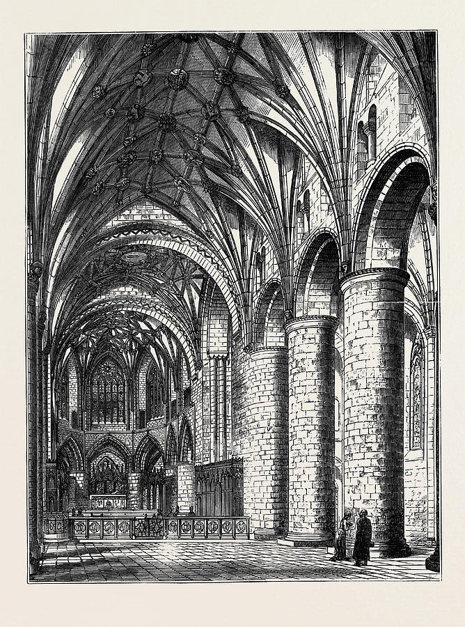Vintage Drawing - The Restoration Of Tewkesbury Abbey Interior View Showing by English School