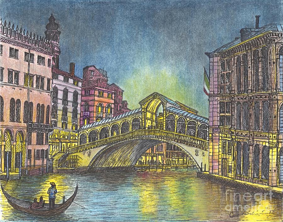 Bridge Mixed Media - Relections of Light and the Rialto Bridge An Evening in Venice  by Carol Wisniewski