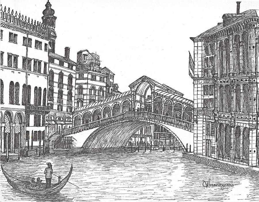 The Rialto Bridge Venice Italy bw Painting by Carol Wisniewski