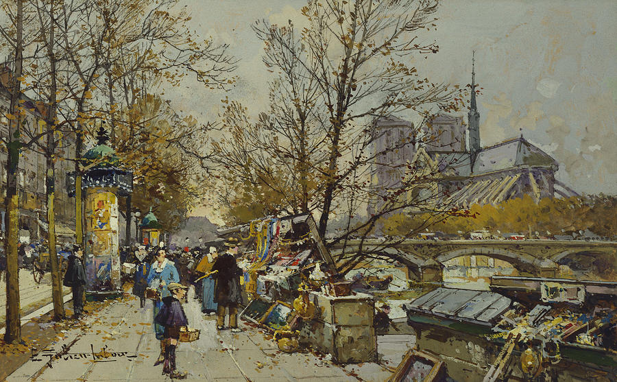 The Rive Gauche Paris with Notre Dame Beyond Painting by Eugene Galien-Laloue
