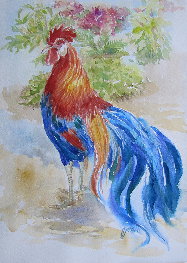 Long Tail Rooster Painting by Jyotika Shroff