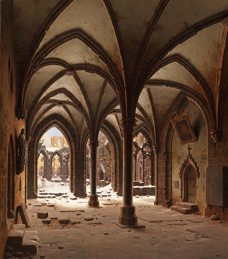 The ruins of the monastery Walkenried in winter Painting by Carl Hasenpflug