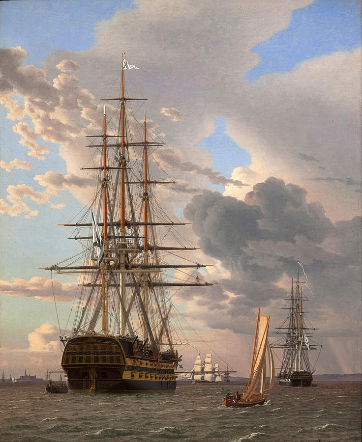 Grey Clouds Painting - The Russian Ship of the Line Assow and a Frigate at Anchor in the Roads of Elsinore by Christoffer Wilhelm Eckersberg