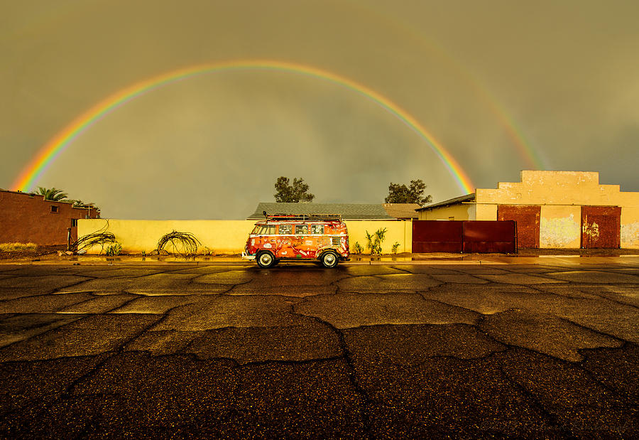 The Rustybus Enjoys the Golden Light Under the Rainbow Photograph by Richard Kimbrough