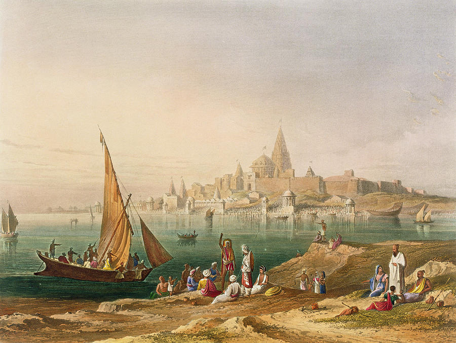 Landscape Drawing - The Sacred Town And Temples Of Dwarka by Captain Robert M. Grindlay