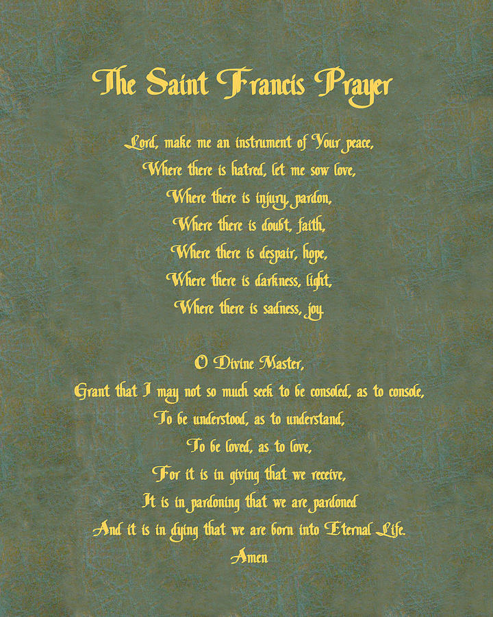 Saint Digital Art - The Saint Francis Prayer in gold lettering on green leather. by Philip Ralley