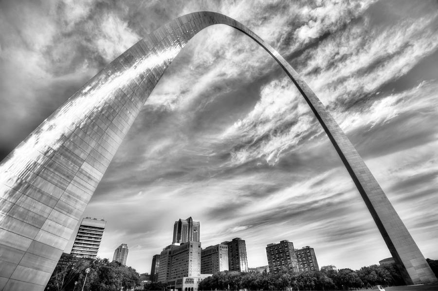 Black And White Photograph - The Saint Louis Arch and City Skyline in Black and White by Gregory Ballos