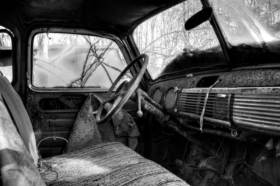 The Seat Of An Old Truck in Black and White Photograph by Greg and Chrystal Mimbs