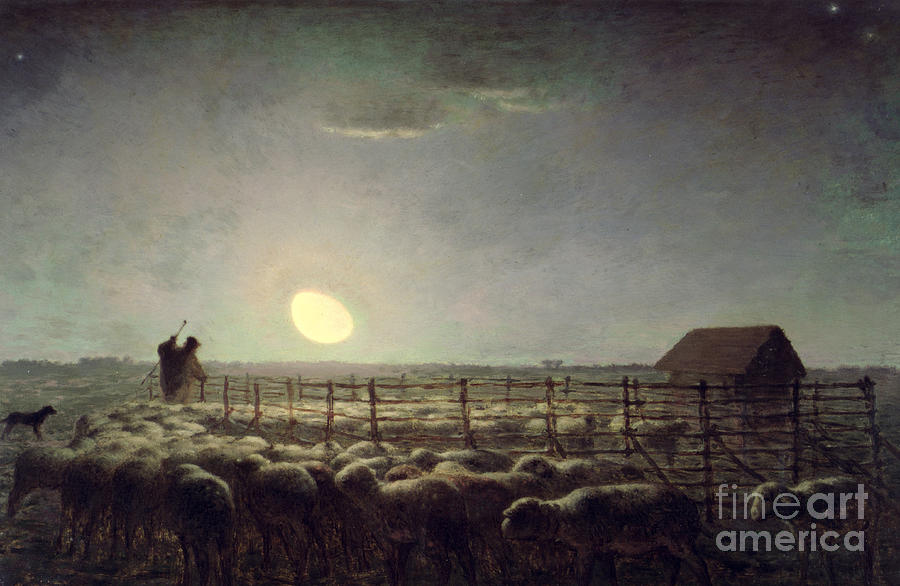 Farm Painting - The Sheepfold   Moonlight by Jean Francois Millet