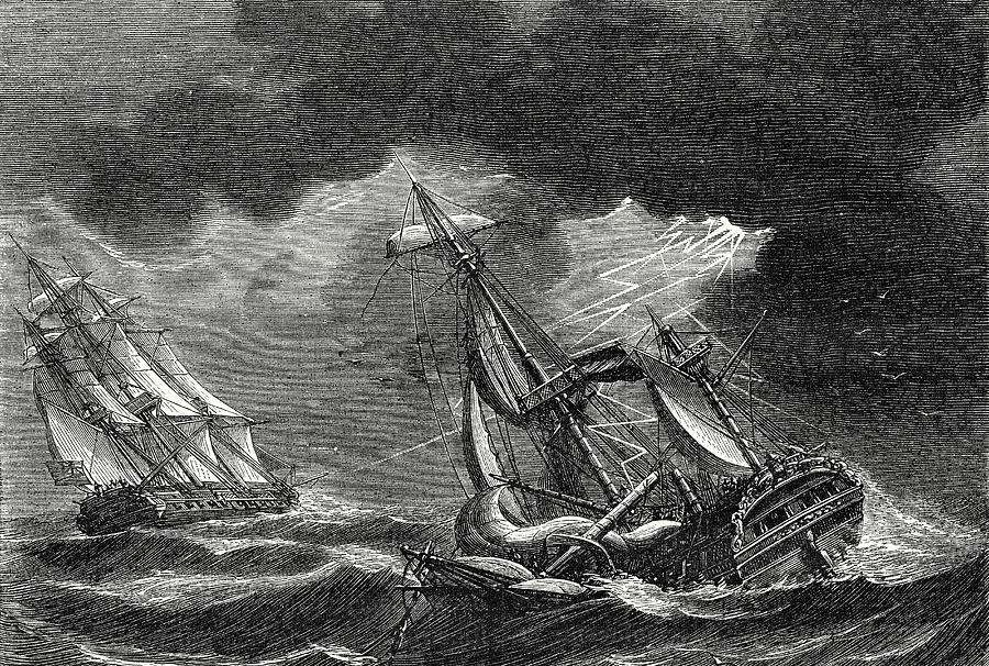 Transportation Drawing - The Ship Of Captain Cook Is Spared Thanks To His Lightning by English School