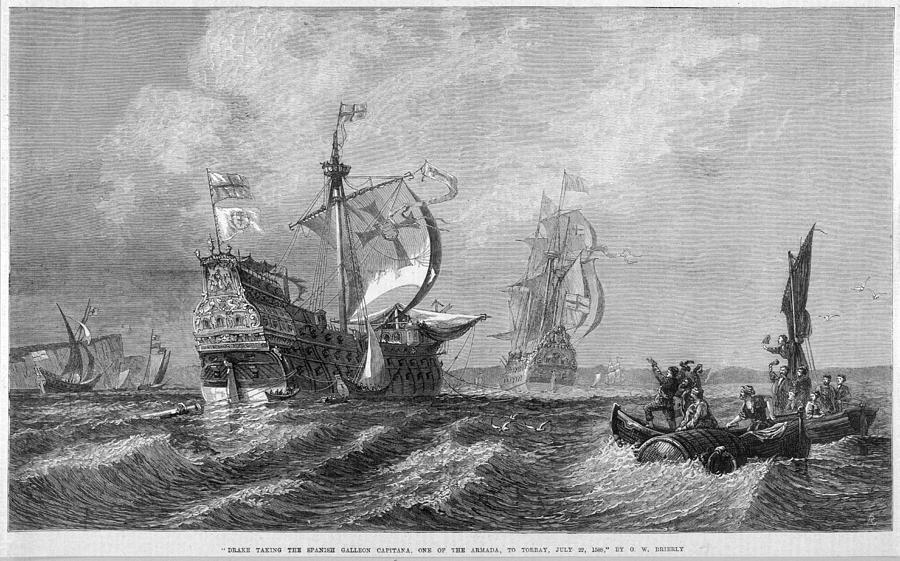 The Spanish Armada Drake Tows Drawing by Illustrated London News Ltd ...