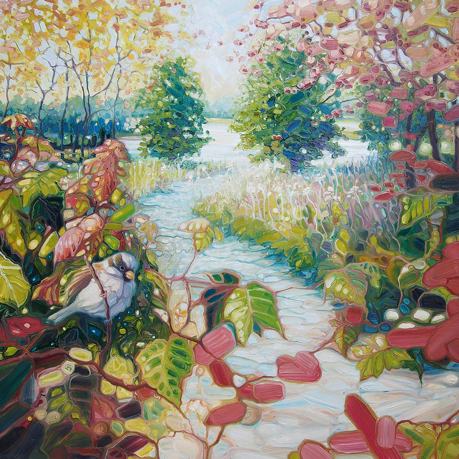 The Sparrows Garden - large Sussex Landscape Painting by Gill Bustamante