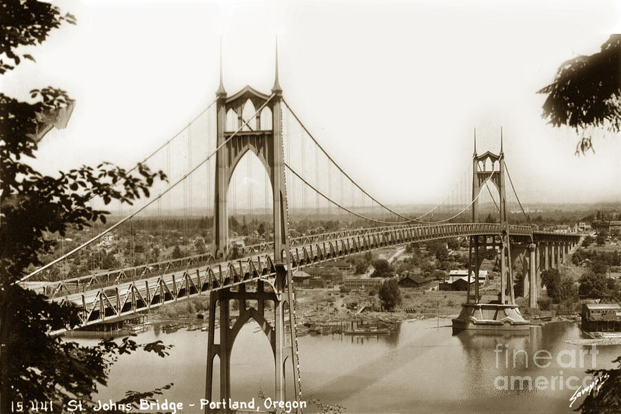 Willamette River Photograph - The St. Johns Bridge is a steel suspension bridge that spans the Willamette River by Monterey County Historical Society