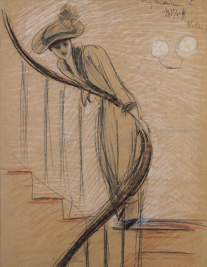 Woman Drawing - The Staircase by Paul Cesar Helleu Woman Drawing - The Staircase by Paul Cesar Helleu