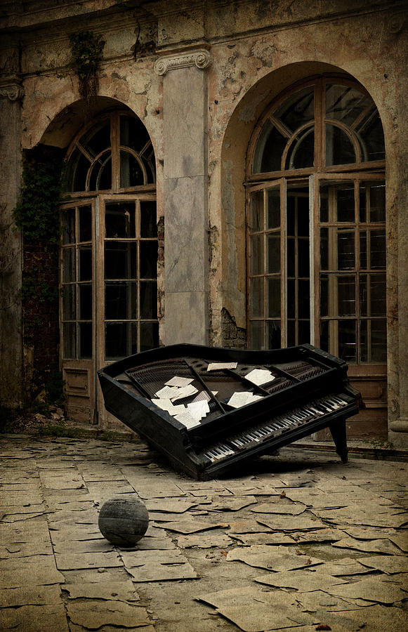 Music Photograph - The stone sphere and broken grand piano by Jaroslaw Blaminsky