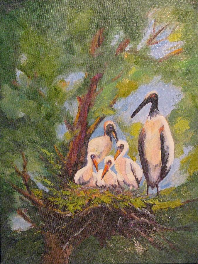 Wildlife Painting - The Stork Brought Them by Cecelia Campbell Wildlife Painting - The Stork Brought Them by Cecelia Campbell