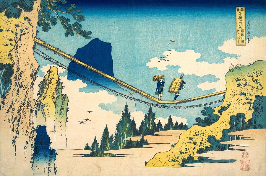Hokusai Painting - The Suspension Bridge on the Border of Hida and Etchu Provinces by Katsushika Hokusai