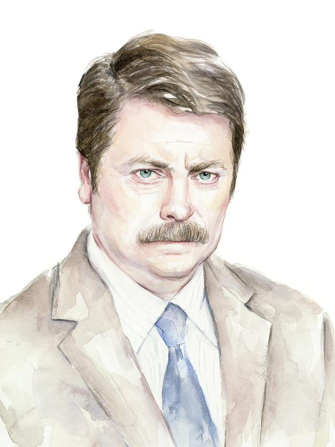 Celebrity Painting - Ron Swanson Watercolor Portrait by Olga Shvartsur