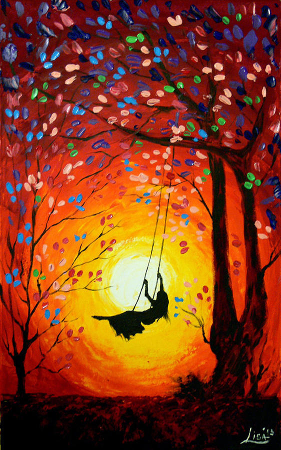 Sunset Painting - The swing Original painting by Svilen And Lisa