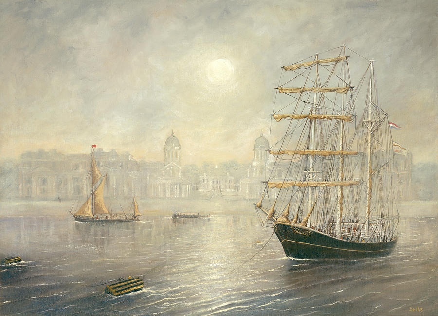 London Painting - The Tall Ship Thalassa by the Old Royal Naval College Greenwich by Eric Bellis