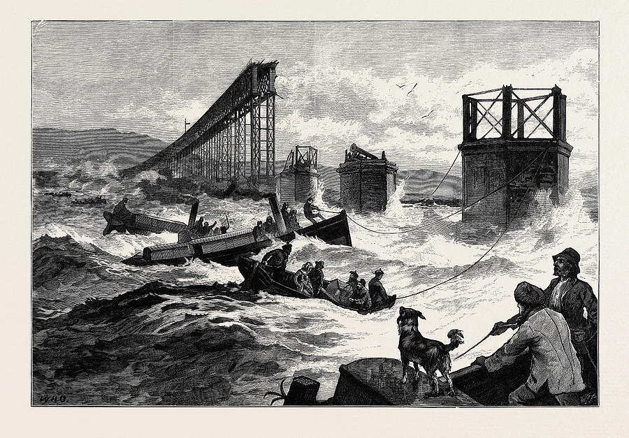 Vintage Drawing - The Tay Bridge Disaster Steam Launches And Divers Barge by English School