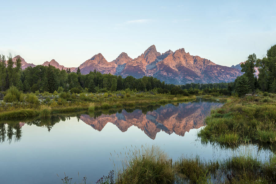 Landscape Photograph - The Tetons Reflected On Schwabachers Landing - Grand Teton National Park Wyoming by Brian Harig