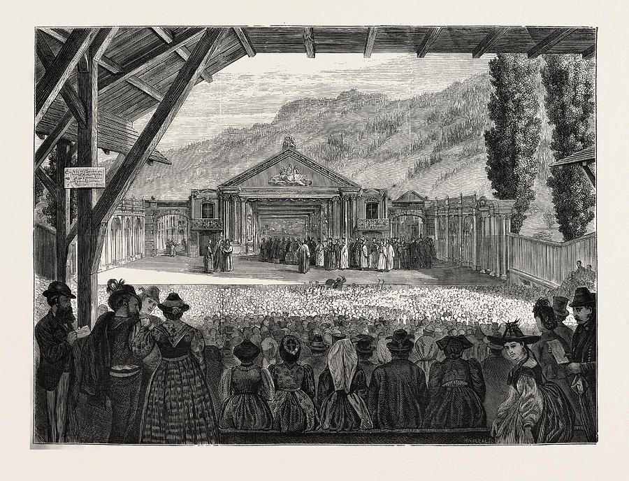 Vintage Drawing - The Theatre Of Oberammergau Passion Play by German School