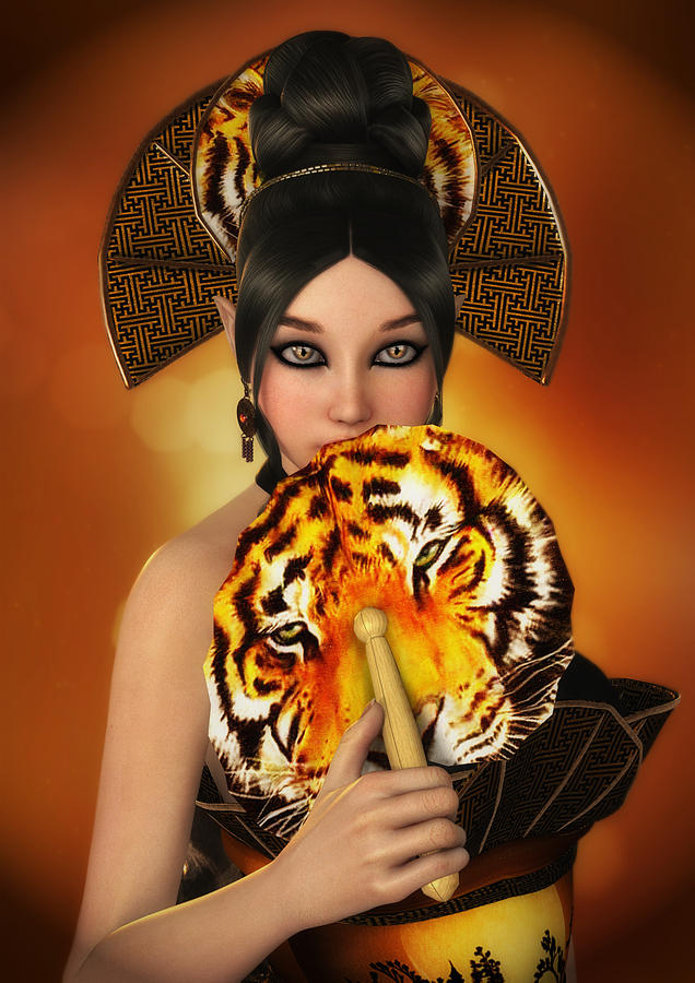 Dark Haired Woman Digital Art - The Tiger Lady by Raina Hopkins