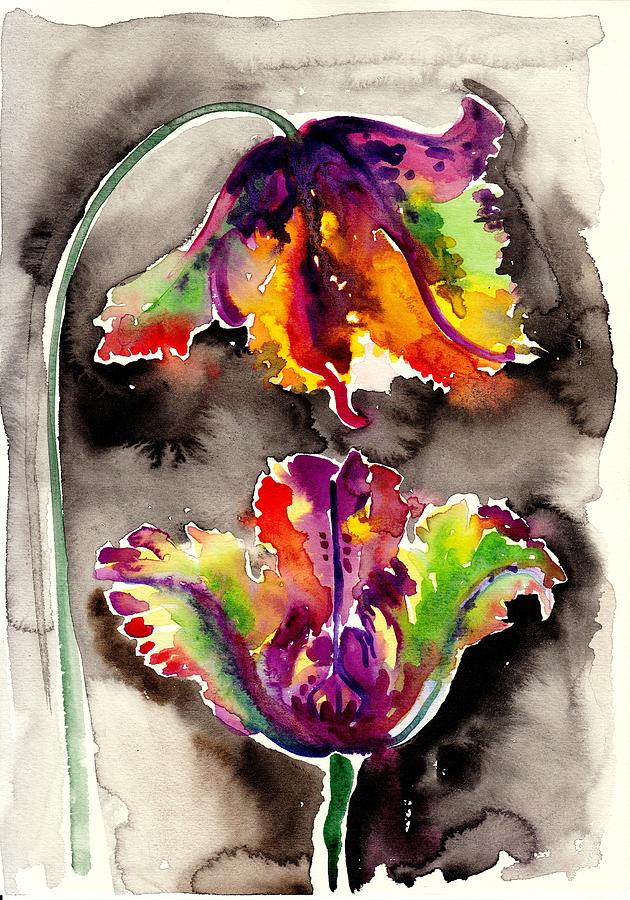 Parrot Painting - The Tulips Kiss - Watercolor by Tiberiu Soos