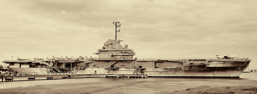 The USS Yorktown Aircraft Carrier in Sepia Photograph by Kathy Clark