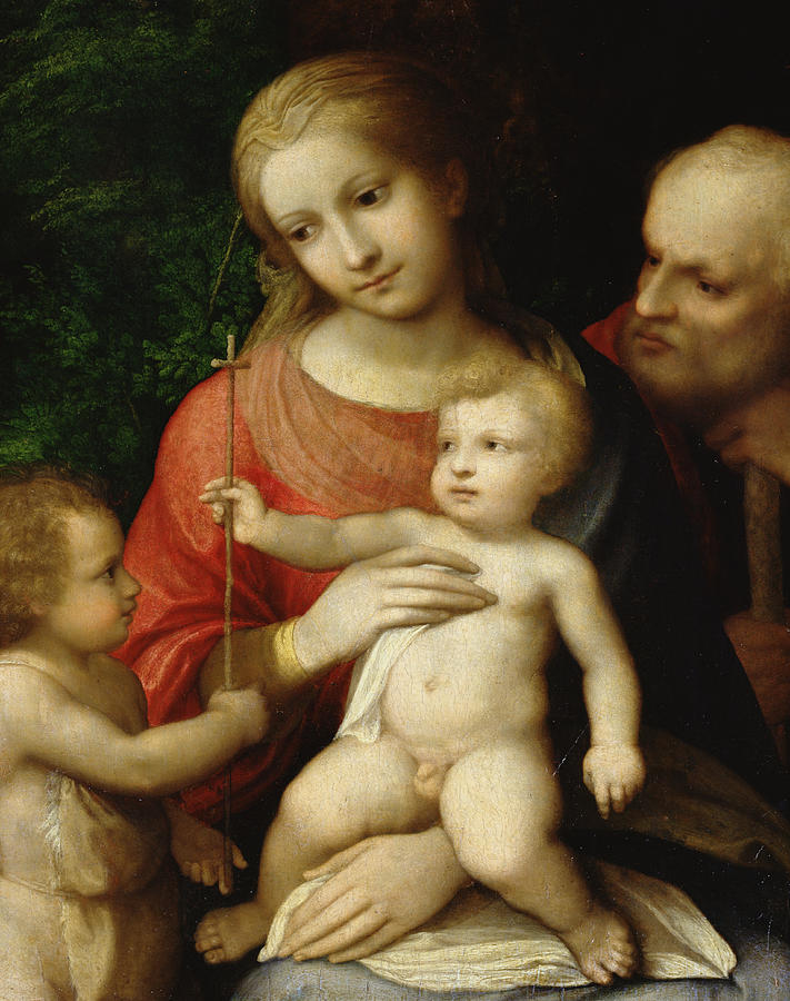 Madonna Painting - The Virgin and Child surrounded by St John the Baptist and St Joseph by Correggio