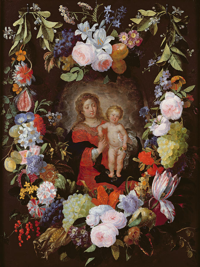 Madonna Photograph - The Virgin And Child With A Garland Of Flowers Oil On Panel by Gerard Seghers