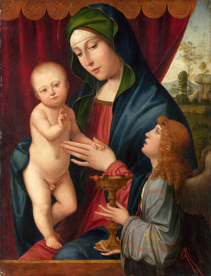 The Virgin and Child with an Angel Painting by After Francesco Francia