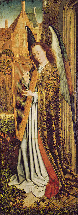 Music Photograph - The Virgin And Child With Angels, Right Hand Panel Depicting An Angel Musician Oil On Panel by Master of the Embroidered Foliage