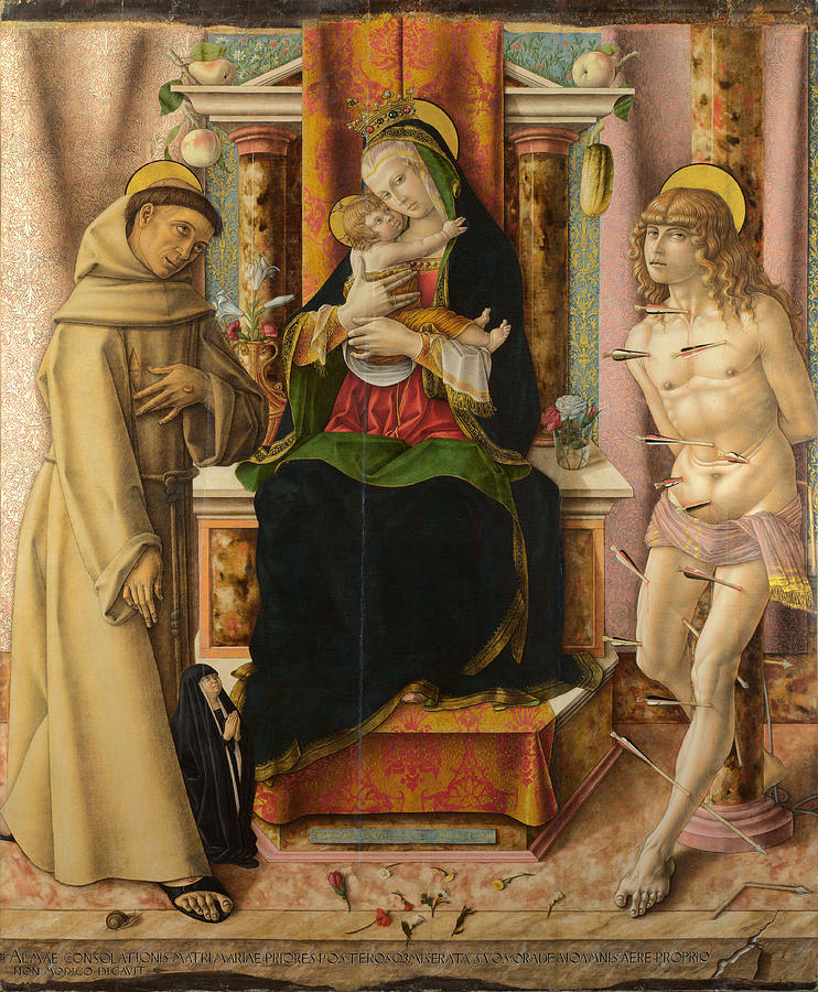 Carlo Crivelli Painting - The Virgin and Child with Saints Francis and Sebastian by Carlo Crivelli