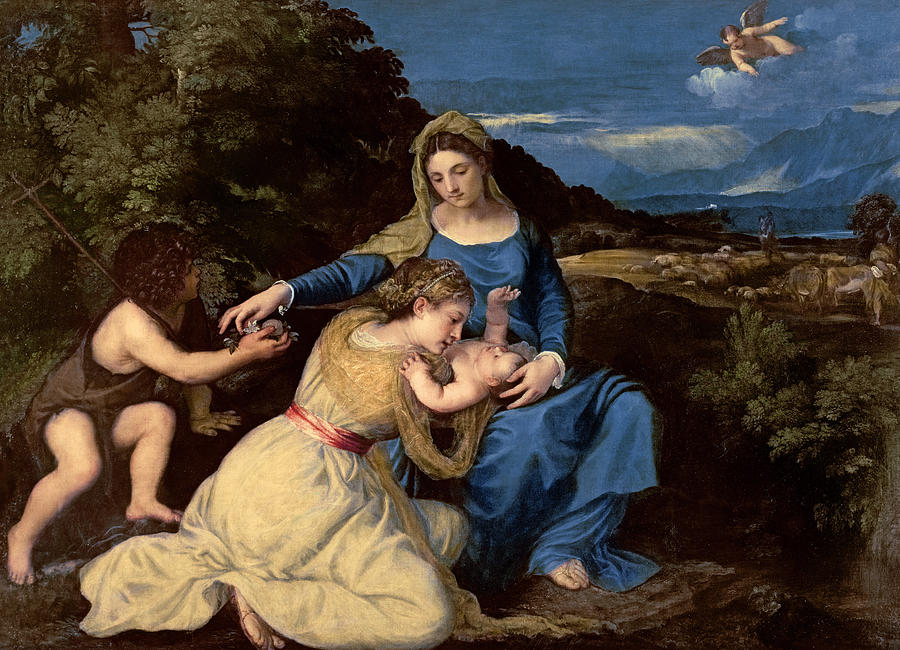 Titian Painting - The Virgin and Child with Saints by Titian