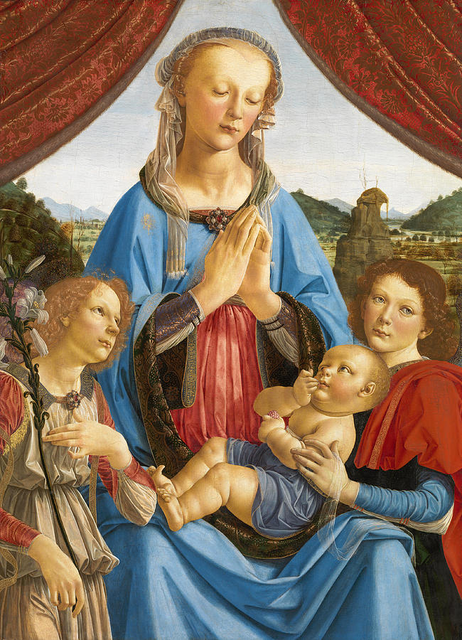 The Virgin and Child with Two Angels Painting by Andrea del Verrocchio and Lorenzo di Credi