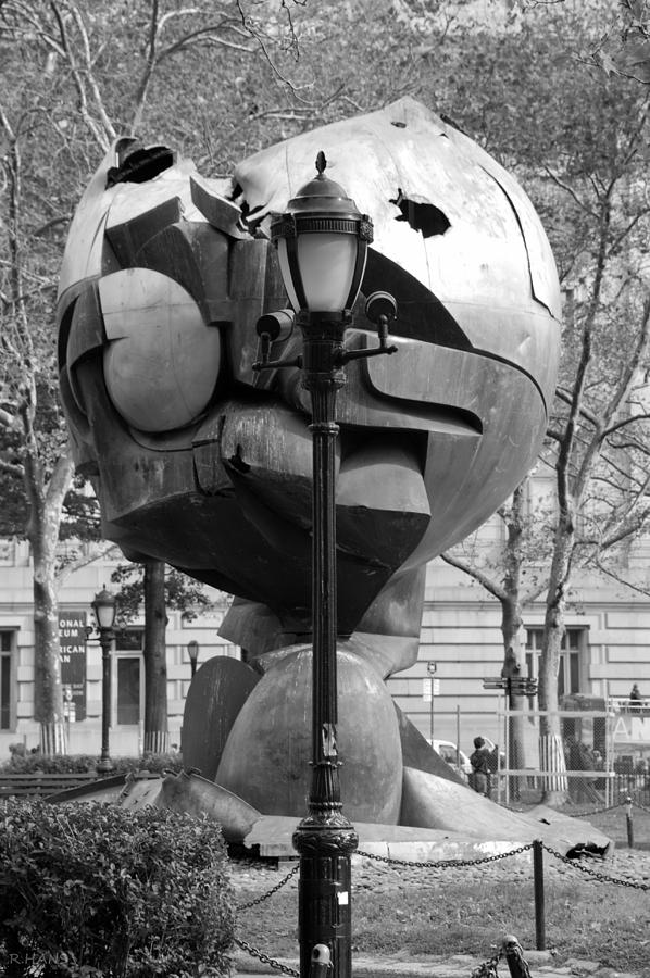 THE W T C PLAZA FOUNTAIN SPHERE in BLACK AND WHITE Photograph by Rob Hans