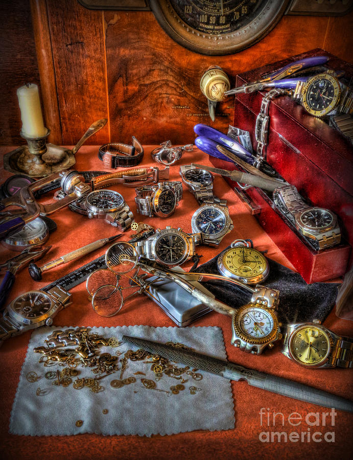 Vintage Photograph - The watchmakers Desk by Lee Dos Santos