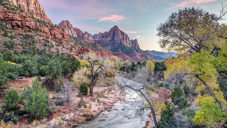 The Watchman at dusk in Fall Zion Utah Photograph by Pierre Leclerc Photography