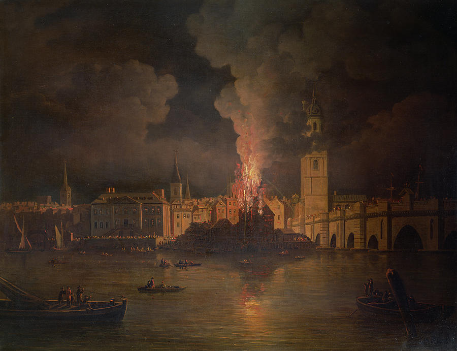 Burning Photograph - The Waterworks At London Bridge On Fire In 1779 Oil On Canvas by William Marlow