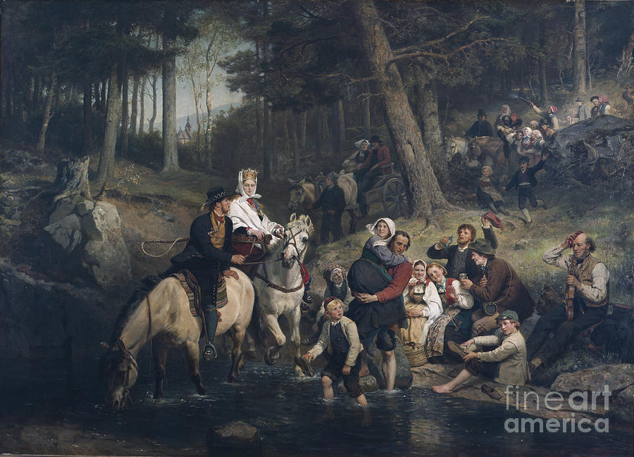 The wedding procession through the forest Painting by Adolph Tidemand