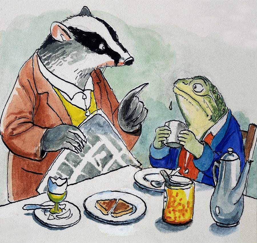 Coffee Painting - The Wind In The Willows Toad And Badger Having Breakfast by Philip Mendoza