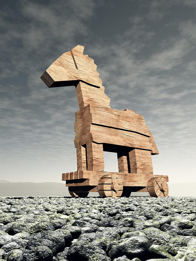 The wooden Trojan Horse in Front of a Dark Sky Photograph by Artpartner-images