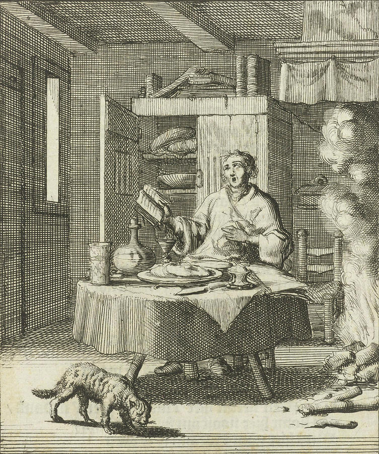 Hymns Drawing - The Writer William Shutter Sits At A Table And Sings by Jan Luyken And Gerbrandt Schagen